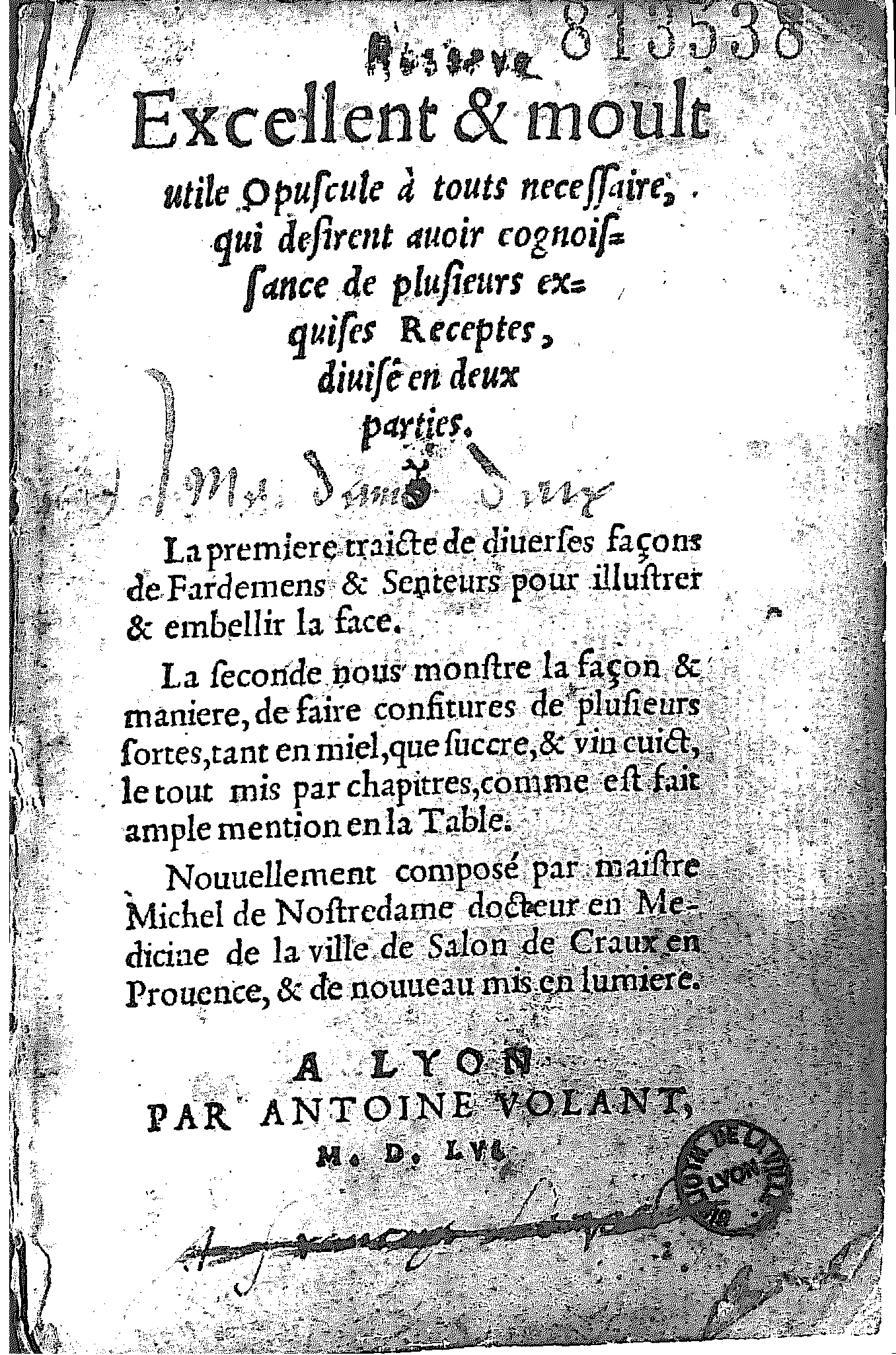 Page de titre d’un ouvrage de Nostradamus imprimé à Lyon en 1555
